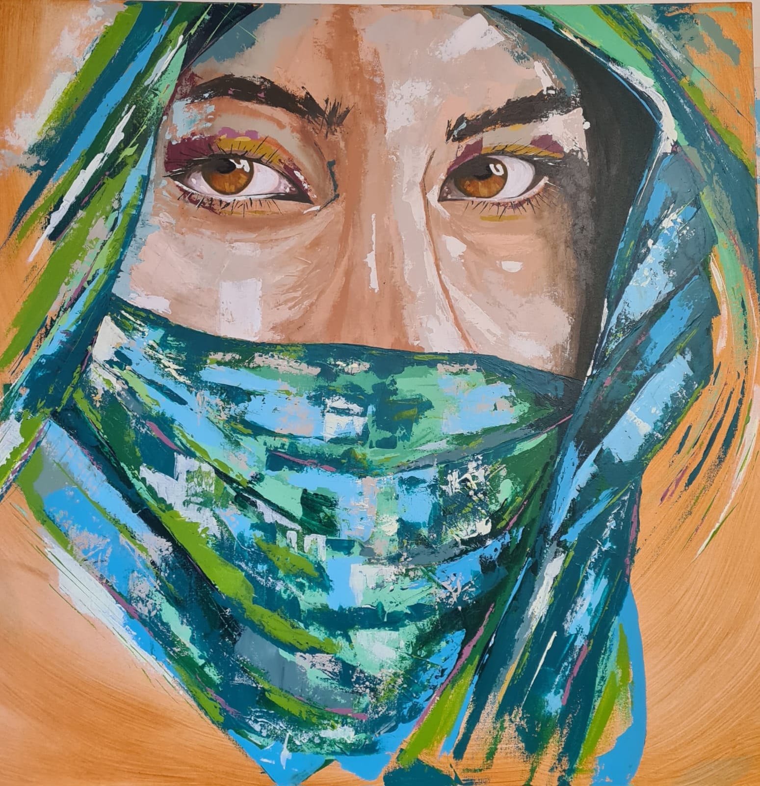Contemporary/visual art of a woman whose lower face is wrapped in a turquoise and green painted veil, warm ochre background.