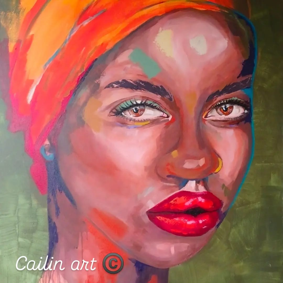 Contemporary/visual art of a woman in a bright orange and coral turban with red lipstick, against a muted olive-green background.