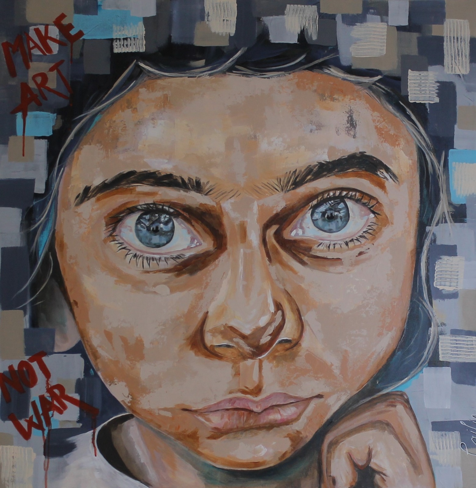 Large contemporary/visual art piece of a child with wide blue eyes, hand-painted 'Make Art Not War' text in red at the corners.