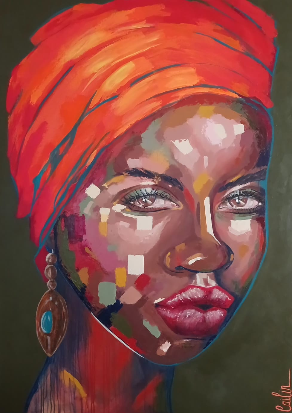 Contemporary/visual art of a woman in a bright orange and coral woven headwrap with red lipstick, against a muted olive-green background.