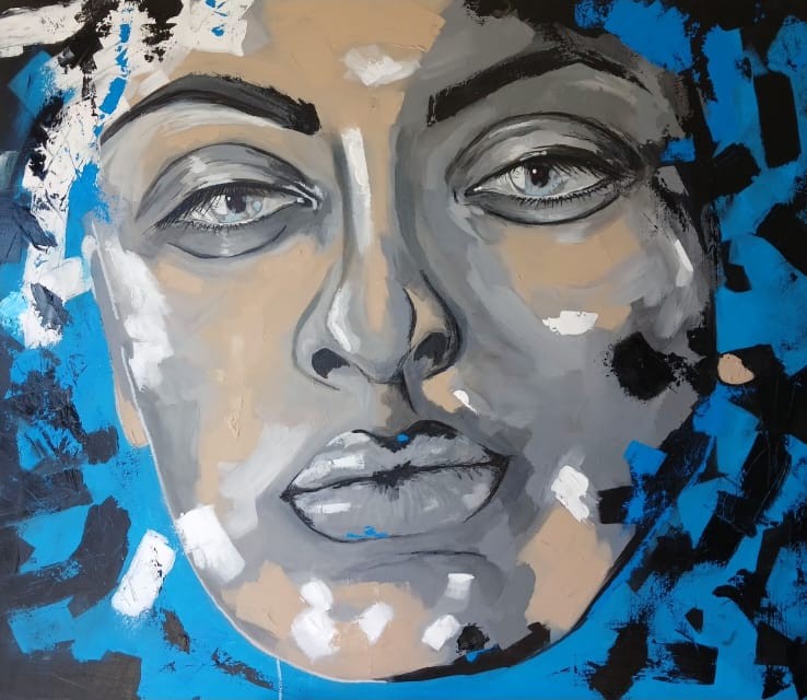Contemporary/visual art piece of a face emerging in greys and warm skin tones against a bold blue and black fragmented background.
