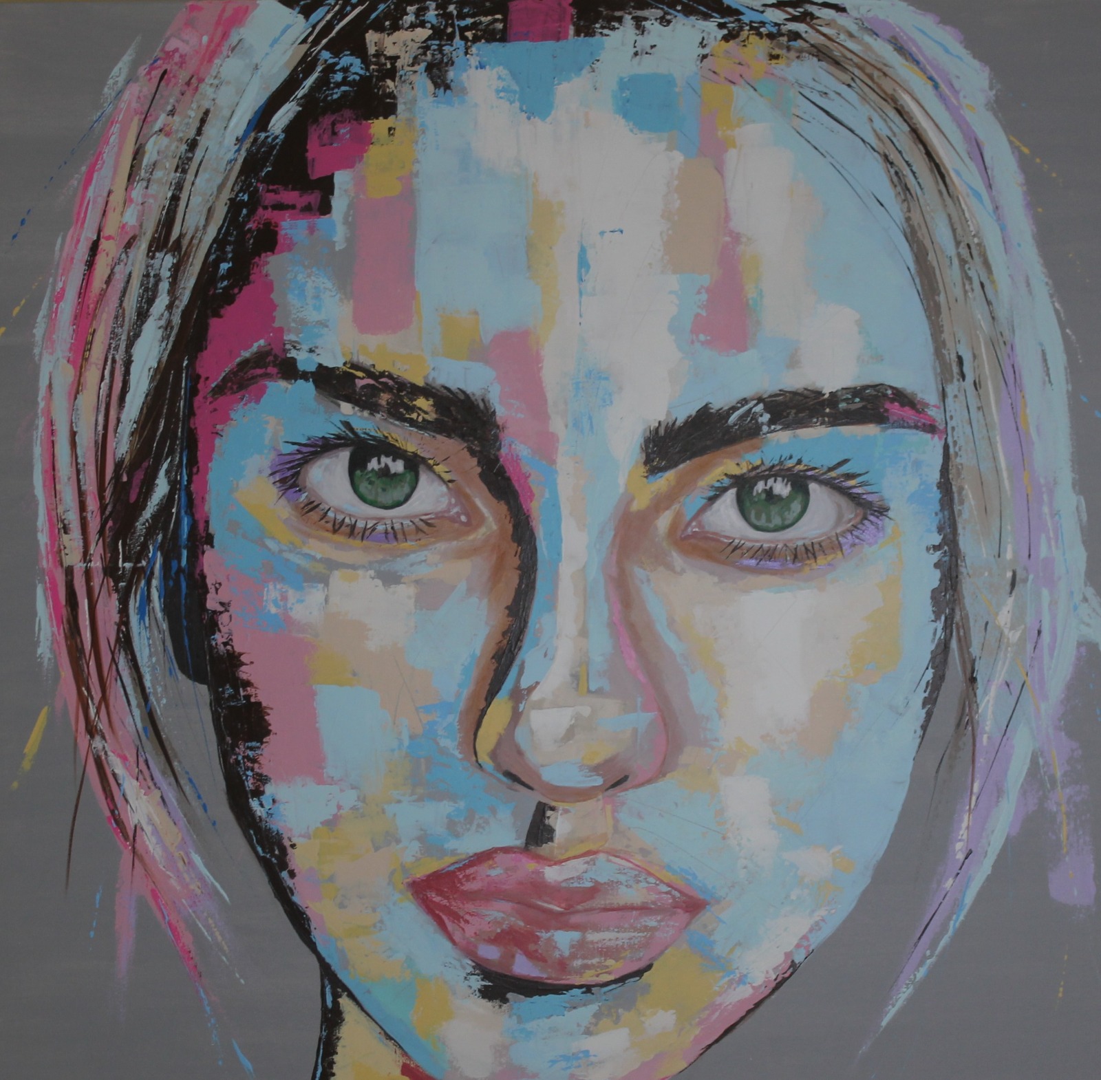 Contemporary/visual art of a young woman with green eyes and pink lips, face rendered in cool blues, cream and blush marks against grey.