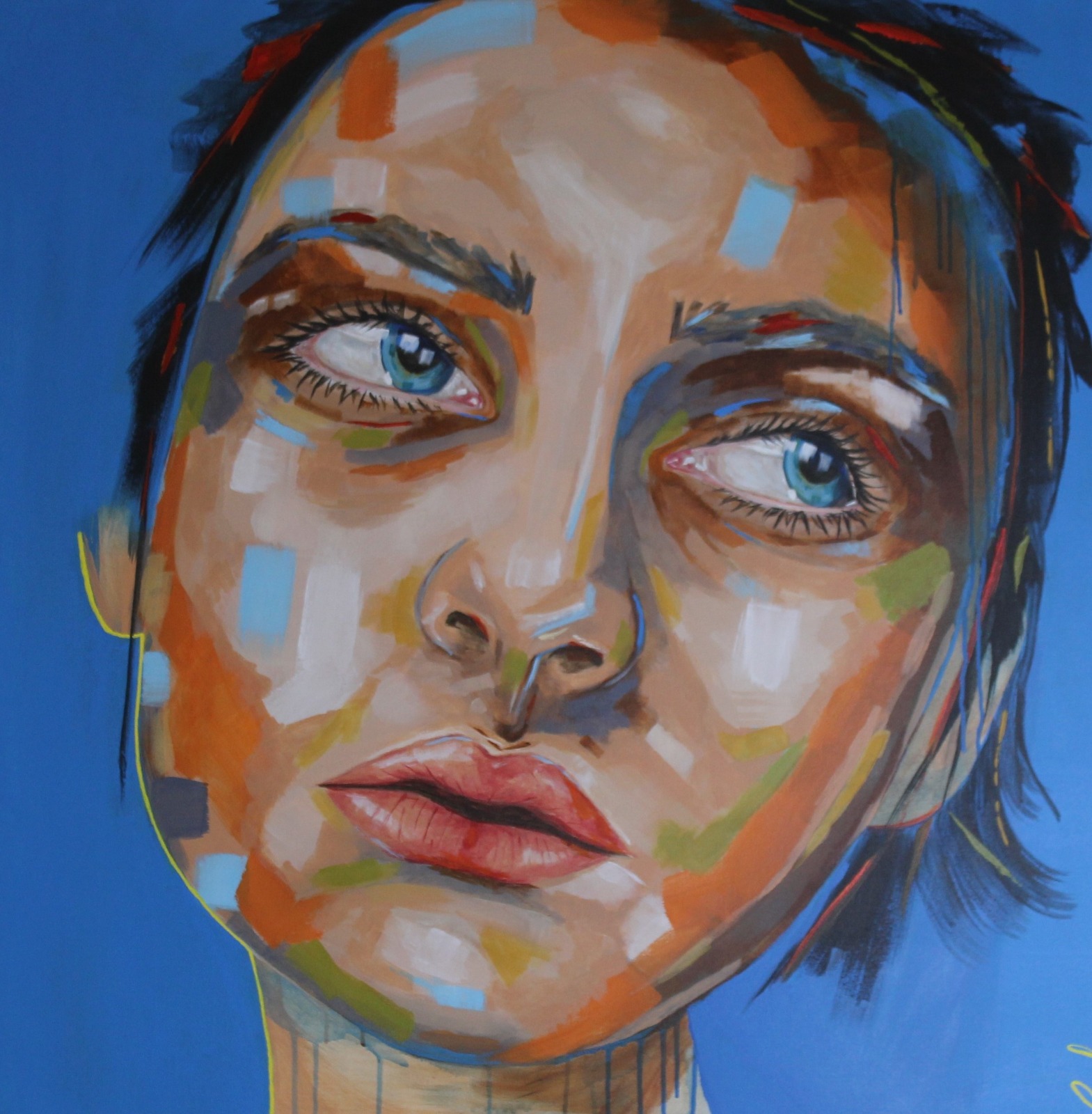 Close-up contemporary/visual art of a woman with blue-green eyes against a deep cobalt background, face marked with ochre and turquoise strokes.