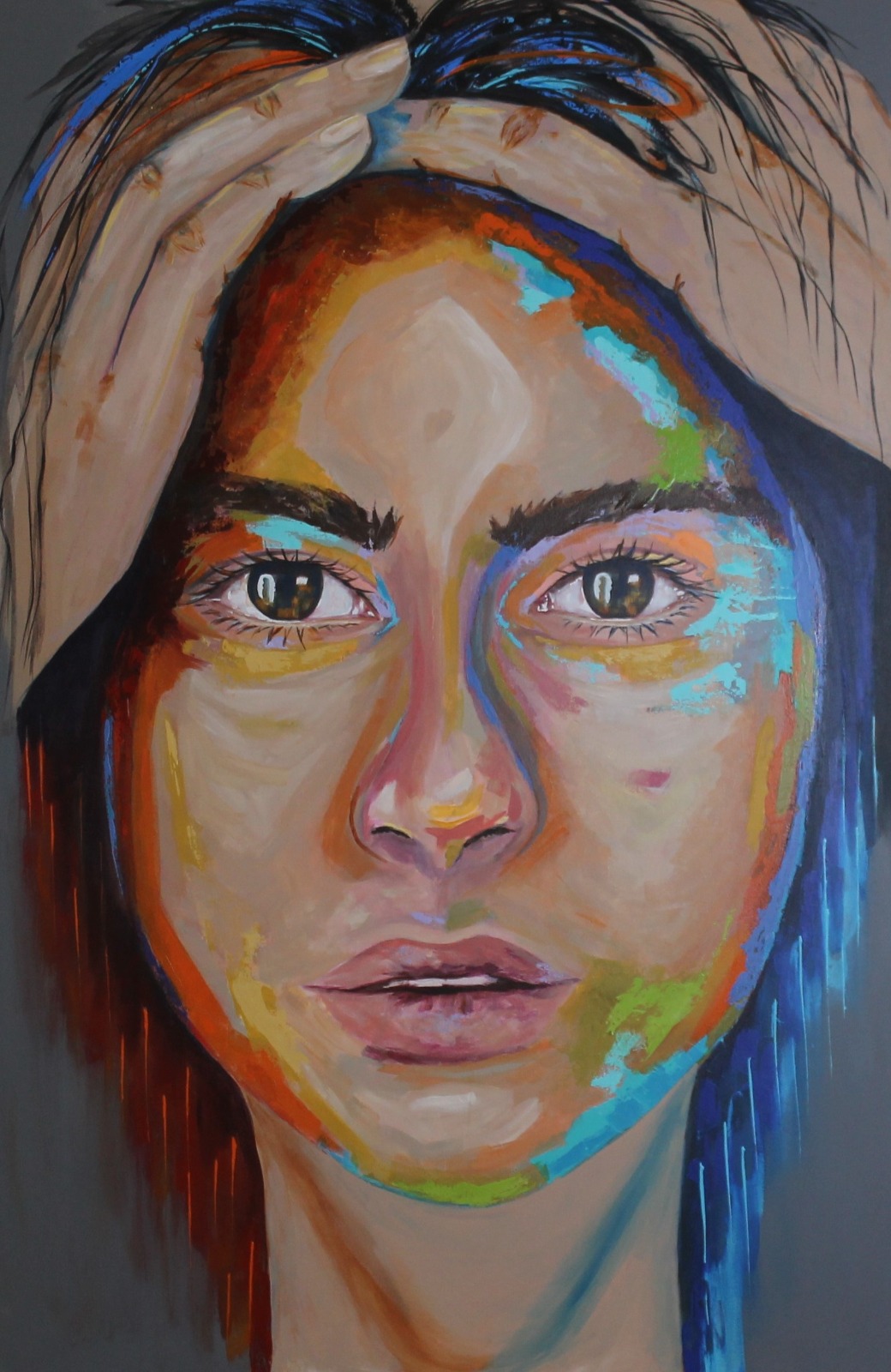 Contemporary/visual art 'Amazed' — a face emerging through bold strokes of cobalt, coral, emerald and warm earth, eyes wide with quiet wonder.